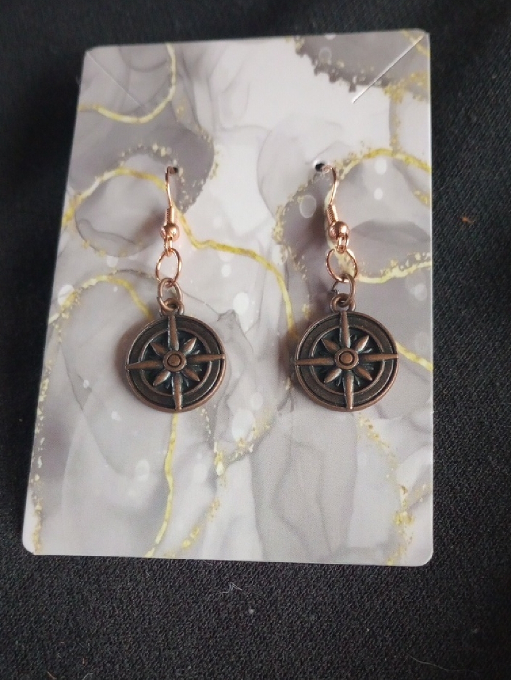 Hand Crafted Bronze Compass Drop Earrings - Gold Hooks